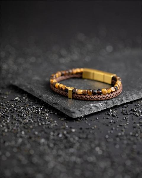 Doppelarmband mit italienischem Leder und 4 mm Tigerauge-Stein - Double Brown